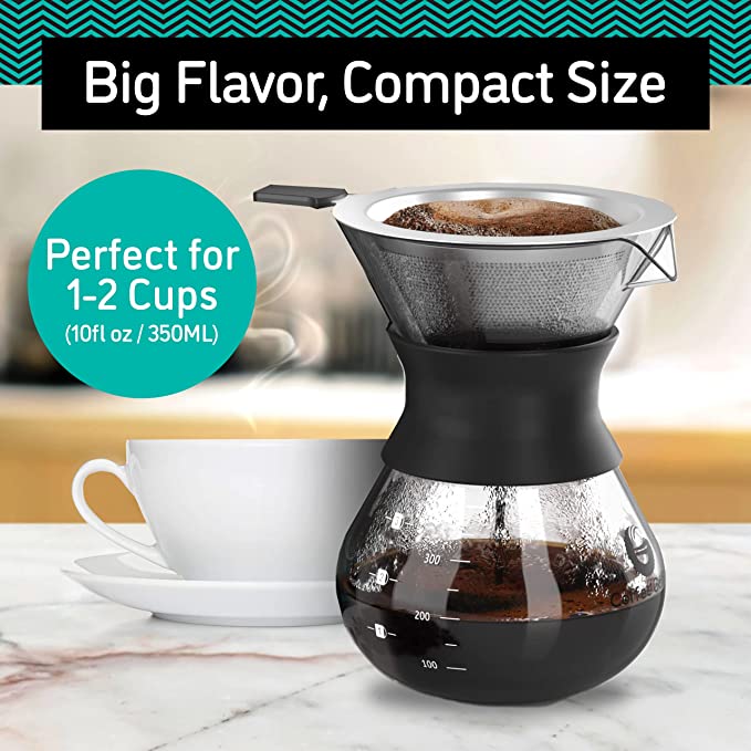 Pour Over Coffee Maker - Glass Carafe & Stainless-Steel Mesh Filter –